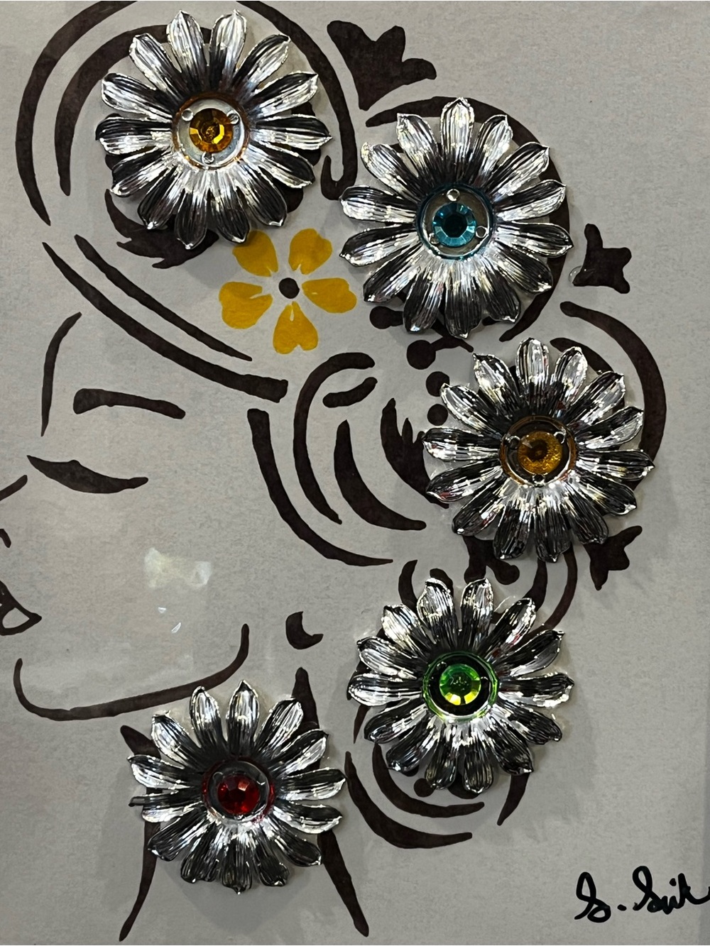 Hand Crafted Silver Floral Head Profile Wall Art with Multicolor Gems - Picture 9 of 11